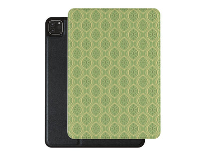 Boho Geometric Green Premium Vegan Leather iPad Pro 11-inch cover with Apple Pencil holder and microfiber lining