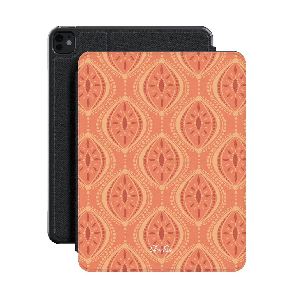 Boho Geometric Orange Premium Vegan Leather iPad Pro 11-inch cover with Apple Pencil holder and microfiber lining