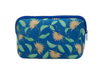 Vibrant Blue Neoprene Cosmetic Bag Featuring Delicate Peach Flowers and Lush Green Leaves