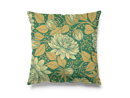 Luxurious Velvet Cushion with Dahlia Flowers in Teal, gold and cream