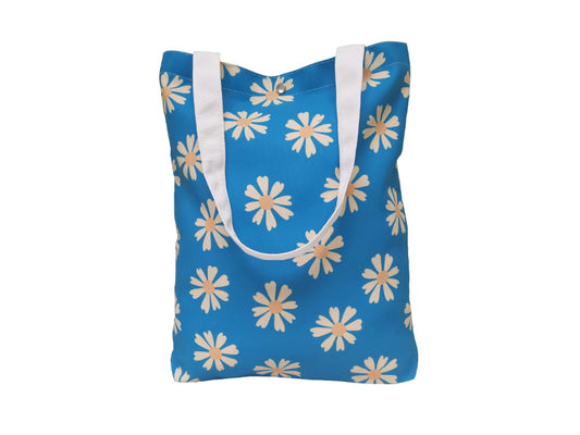 Bright Blue Daisy Canvas Tote Bag in Canvas with White Handles