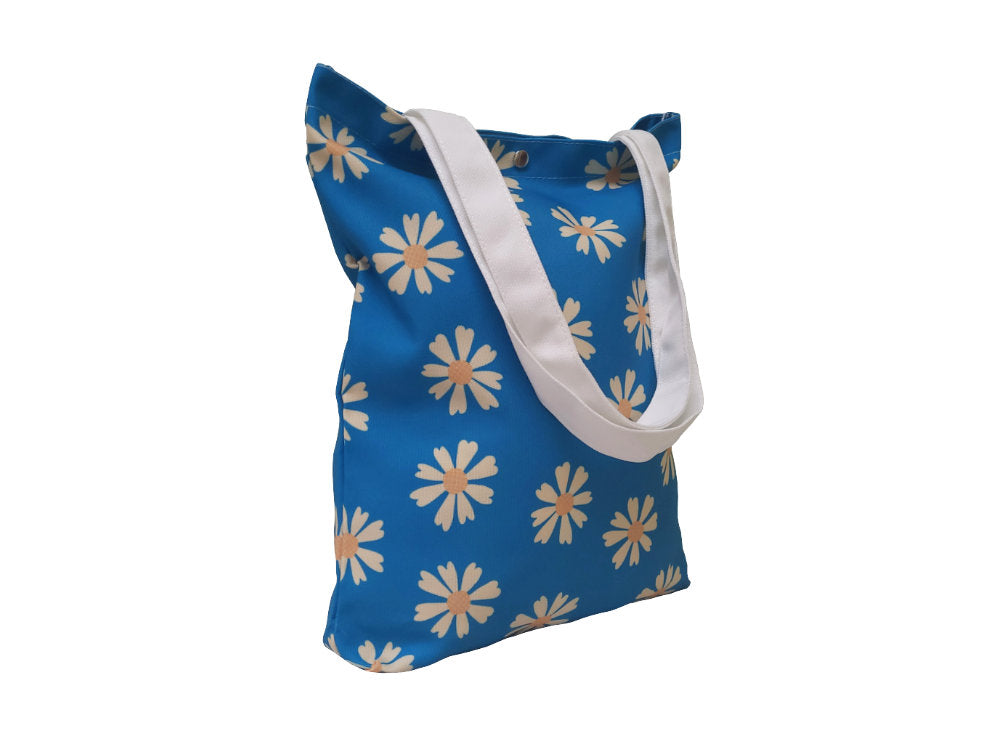 Stylish Blue Daisy Tote Bag in Canvas with White Handles