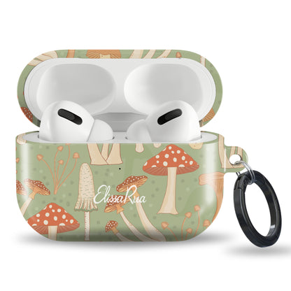 Mushroom AirPods case with woodland fungi botanical pattern