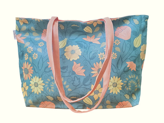 Peach and Blue Floral Tote Bag - Stylish and Spacious Shopping Carryall