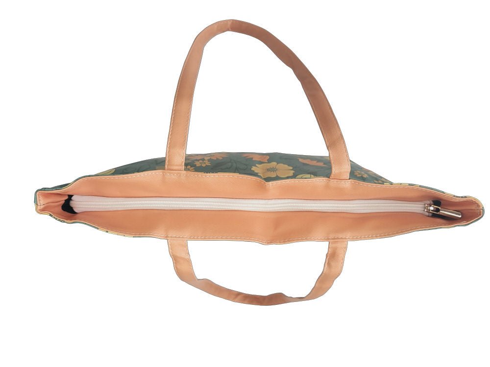 Tote Shopping Bag with beautiful floral print in blue and peach zip view