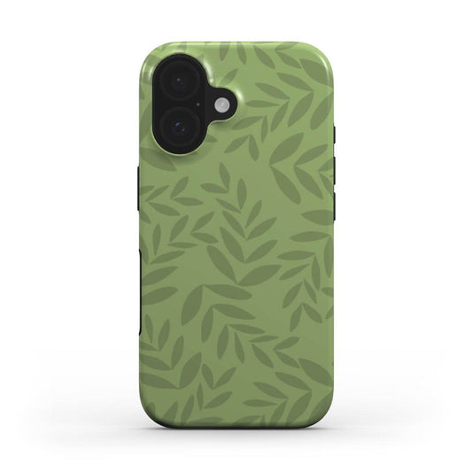 Green phone case with leaf pattern on a white background