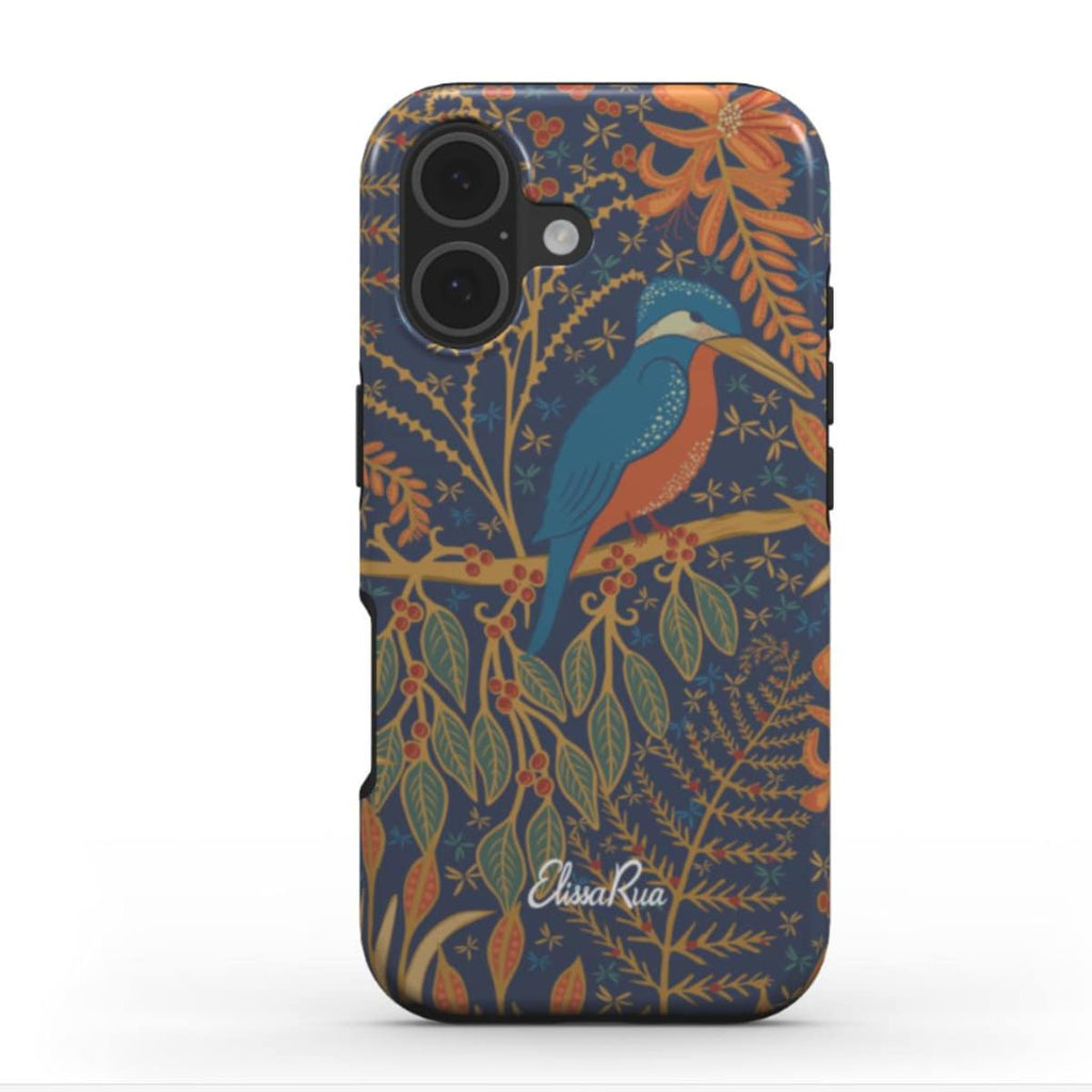 Art Nouveau kingfisher phone case with decorative bird design in teal and gold on navy background
