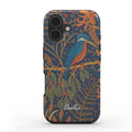 Art Nouveau kingfisher phone case with decorative bird design in teal and gold on navy background