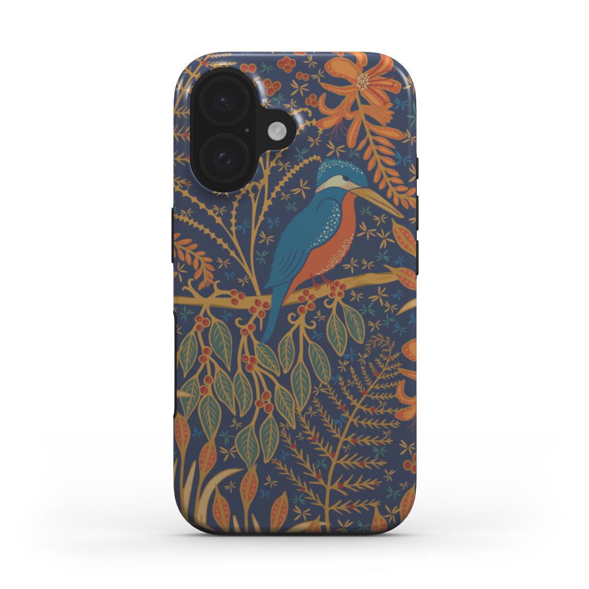 Art Nouveau kingfisher phone case with decorative bird design in teal and gold on navy background