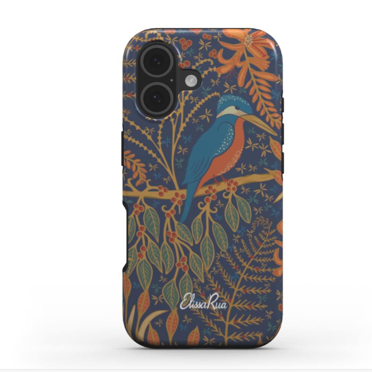 Art Nouveau kingfisher phone case with decorative bird design in teal and gold on navy background
