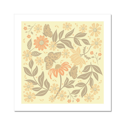 Art Print featuring butterflies and flowers in brown, cream and orange hues