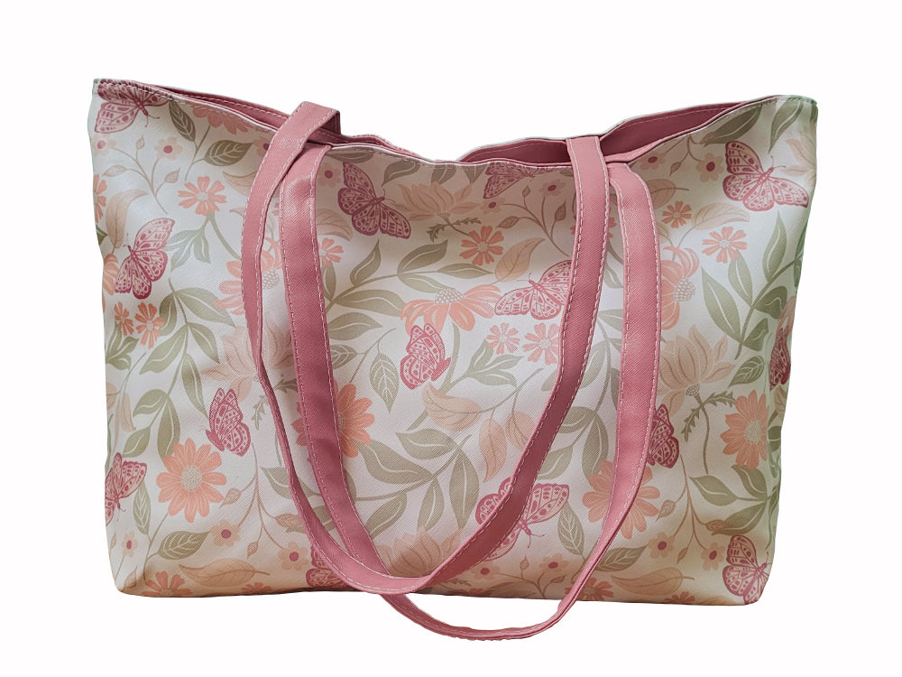 Tote Shopping Bag with beautiful butterfly & floral print in pink and cream
