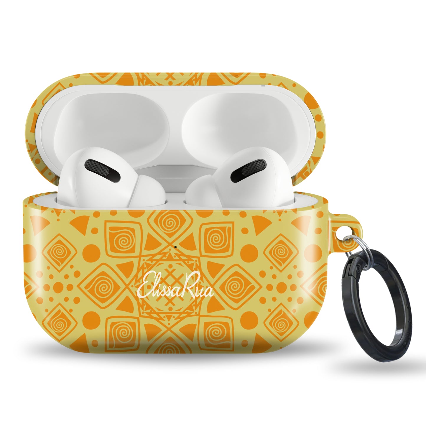 Yellow geometric AirPods case with mandala sun pattern
