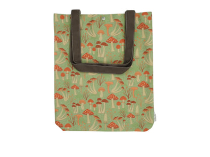 Mushroomcore canvas tote bag-brown handles, featuring a whimsical mushroom design with a blue-green background