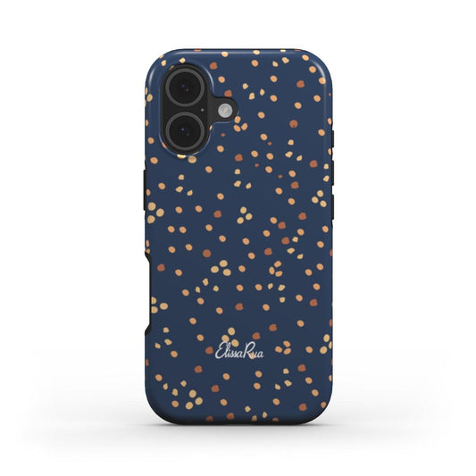 A navy blue tough protective phone case with a scattered cream and orange dot pattern