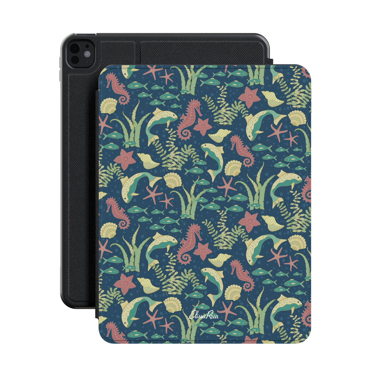 Ocean Navy Pink Premium Vegan Leather iPad Pro 11-inch cover with Apple Pencil holder and microfiber lining