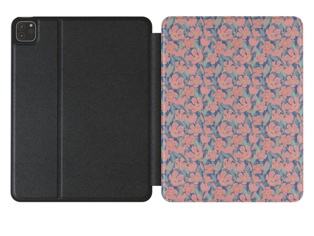 Oleander Flower Pink Blue Vegan Leather iPad Pro 12.9-inch Opened