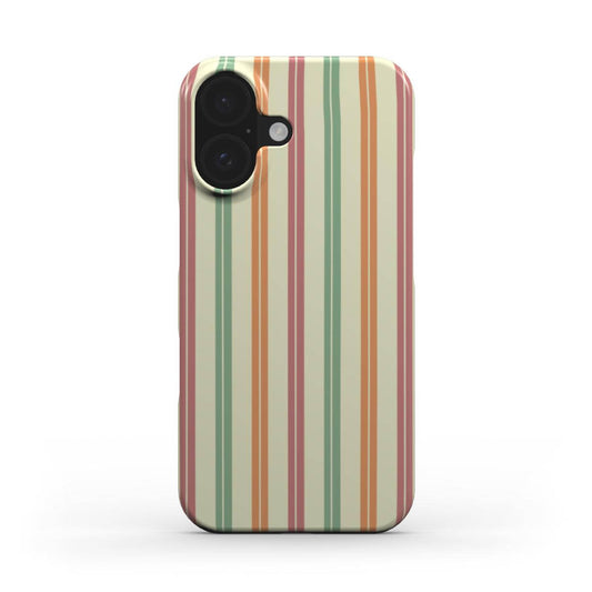 Phone case with multicolored pastel vertical stripes on a cream background