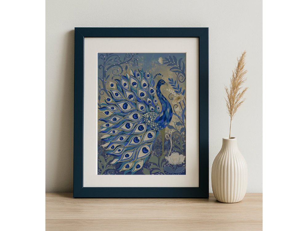Blue Peacock in Bloom - Eclectic Nature-Inspired Fine Art Linen Print