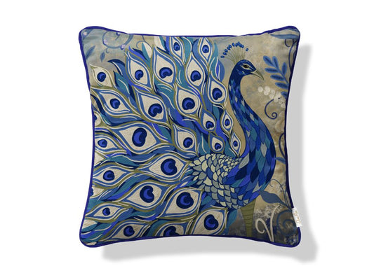 Velvet cushion with blue peacock design and navy piping