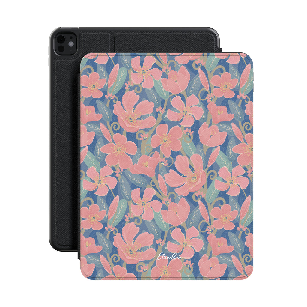 Pink and Blue Oleander Premium Vegan Leather iPad Pro 11-inch cover with Apple Pencil holder and microfiber lining