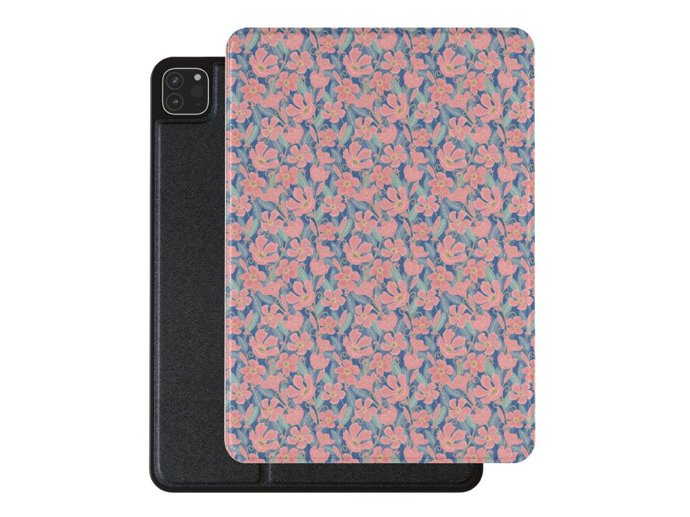 Pink and Blue Oleander Premium Vegan Leather iPad Pro 11-inch cover with Apple Pencil holder and microfiber lining