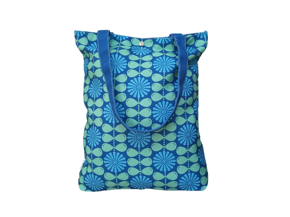 Retro-Chic Cotton Canvas Tote Bag in Blue & Green