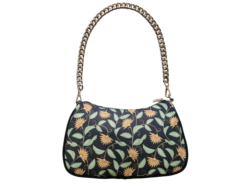 Black Floral Women's Zip Hand Bag featuring Chain Handle