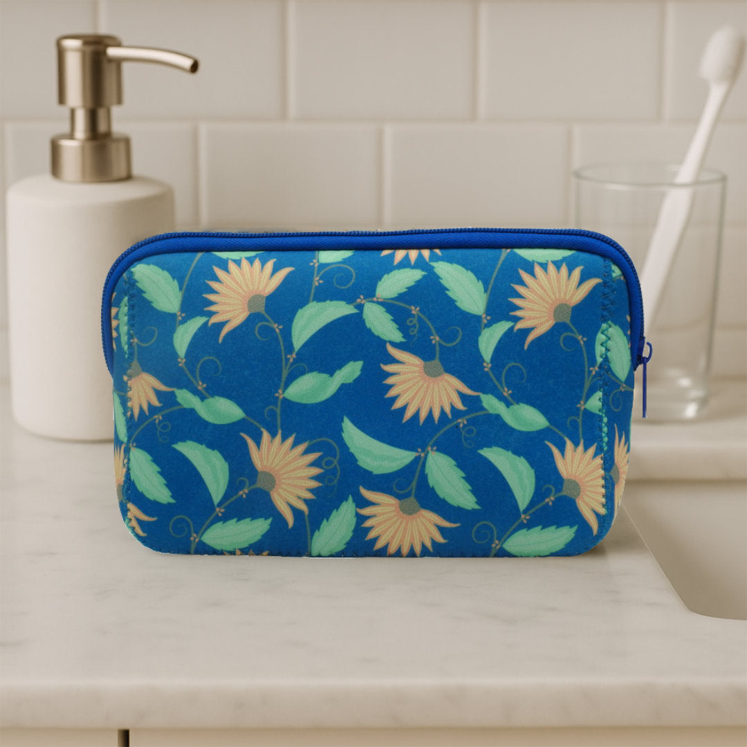 Makeup Bag – Blue Floral Travel Pouch – Medium Size with Zip Closure