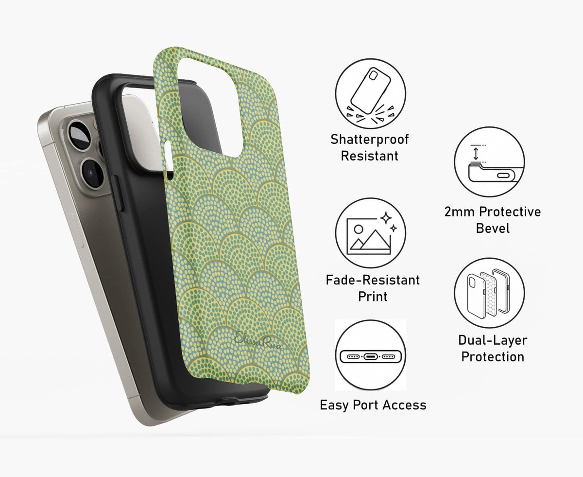 Art Deco Green Scallop tough phone case shown in three layers, including inner TPU shell and outer printed hard shell for enhanced protection.