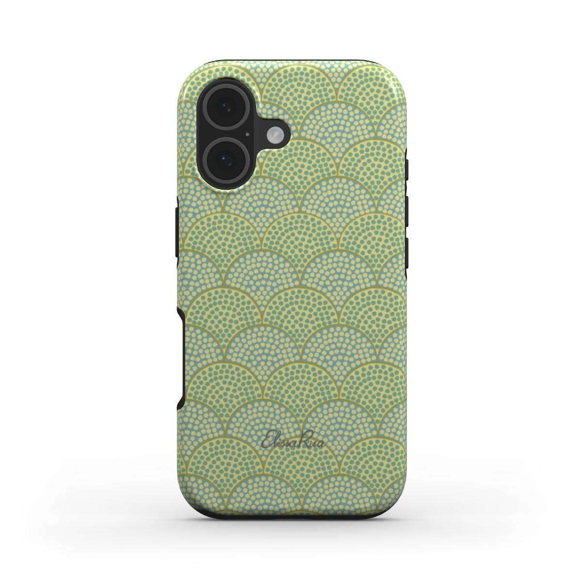 Art Deco green scallop tough phone case with a geometric vintage-inspired pattern