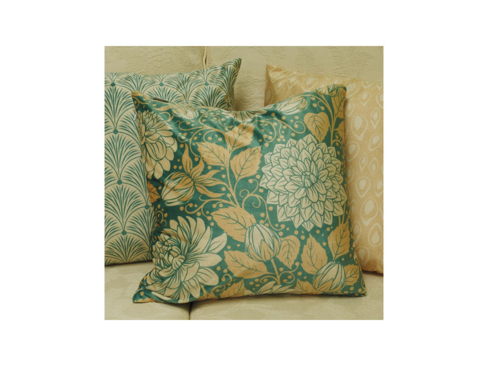 Art Deco style green velvet cushion cover styled on sofa, designer decorative cushion