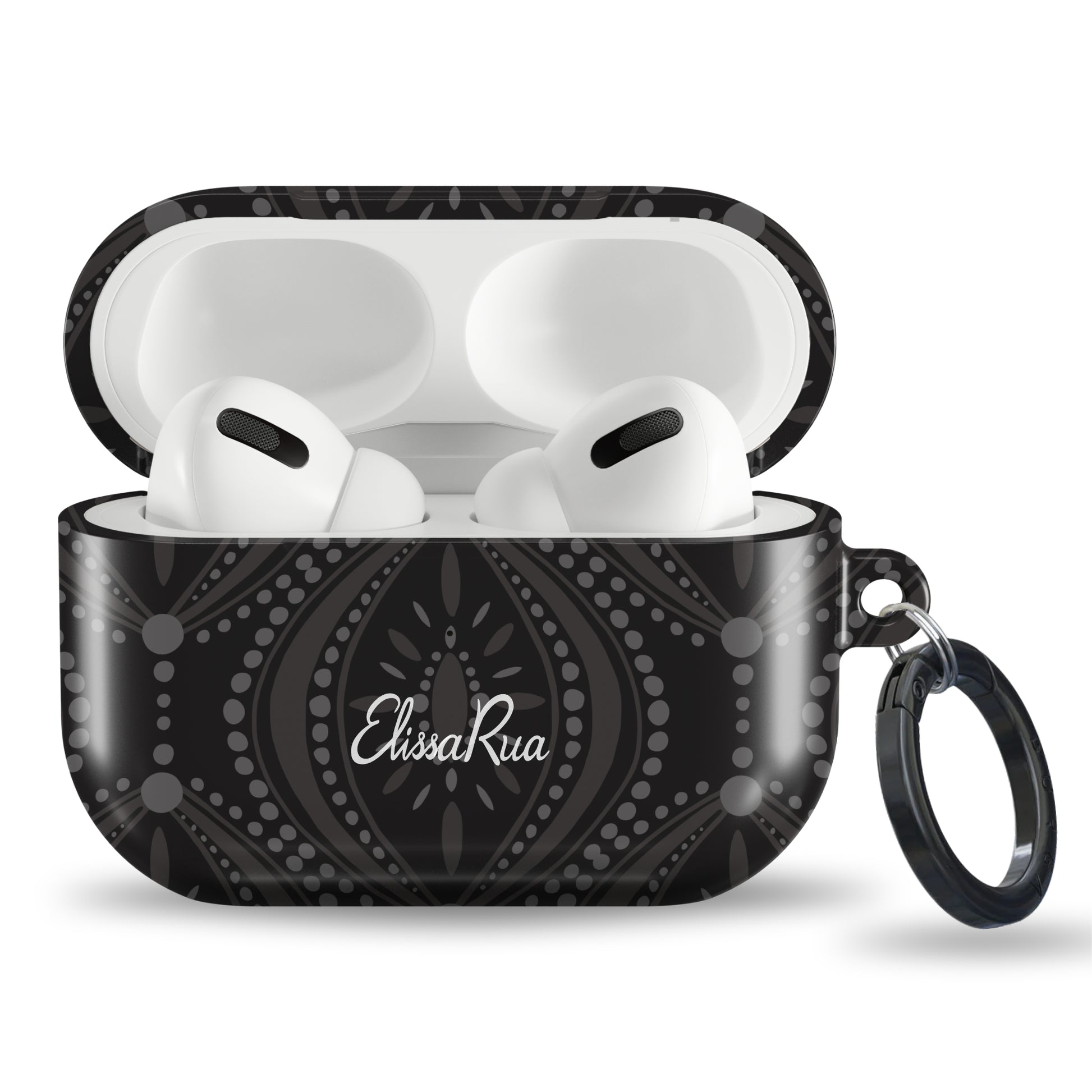 Black geometric tough AirPods case with modern monochrome pattern