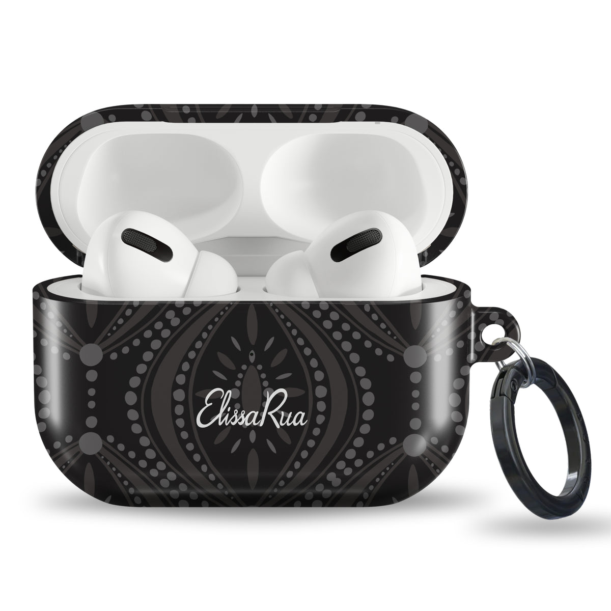 Black geometric tough AirPods case with modern monochrome pattern
