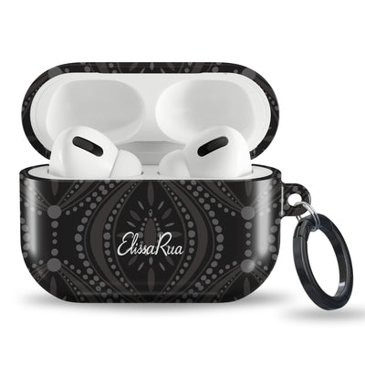 Black geometric tough AirPods case with modern monochrome pattern