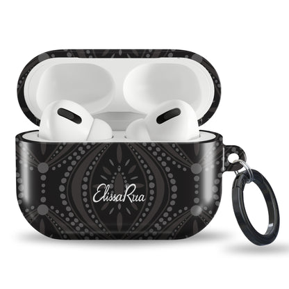 Black geometric tough AirPods case with modern monochrome pattern