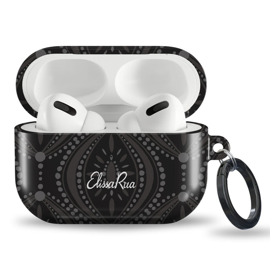Black geometric tough AirPods case with modern monochrome pattern