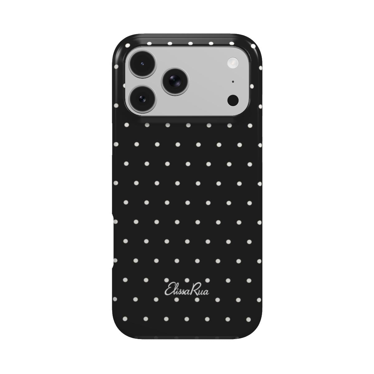 Black tough phone case with small off-white polka dots, back view