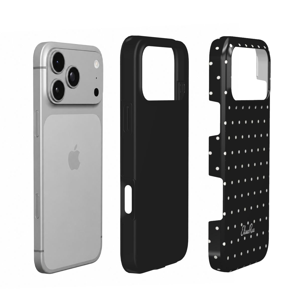 Exploded view of the Black Polka Dots tough phone case, showing the outer shell and inner protective layer