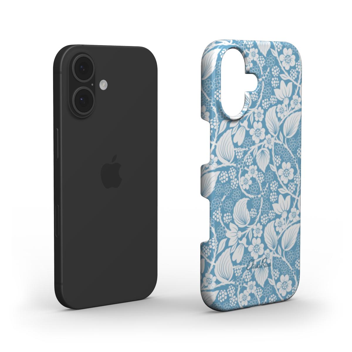 Layered view of artistic blue floral phone case showing protective design – by Elissa Rua