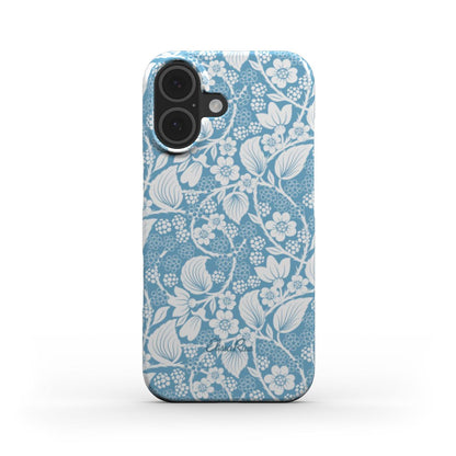 Artistic blue floral phone case with detailed white botanical print – designed by Elissa Rua