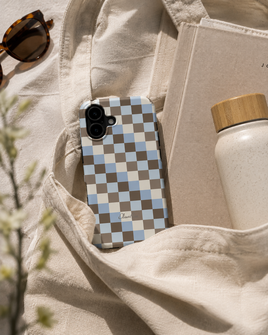 Blue and brown check pattern on a tough phone cover