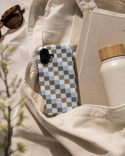 Blue and brown check pattern on a tough phone cover