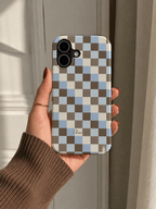 Tough phone case in blue and brown check pattern