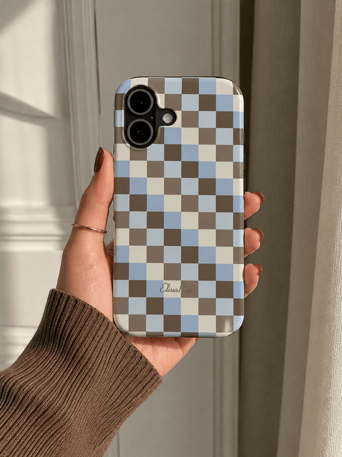 Tough phone case in blue and brown check pattern