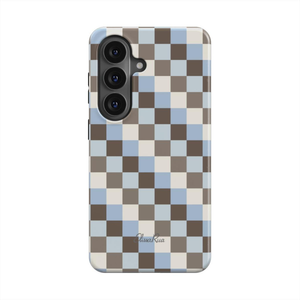 Tough magnetic phone case with blue and brown check pattern