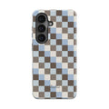 Tough magnetic phone case with blue and brown check pattern