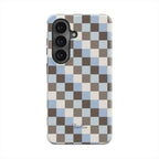 Tough magnetic phone case with blue and brown check pattern