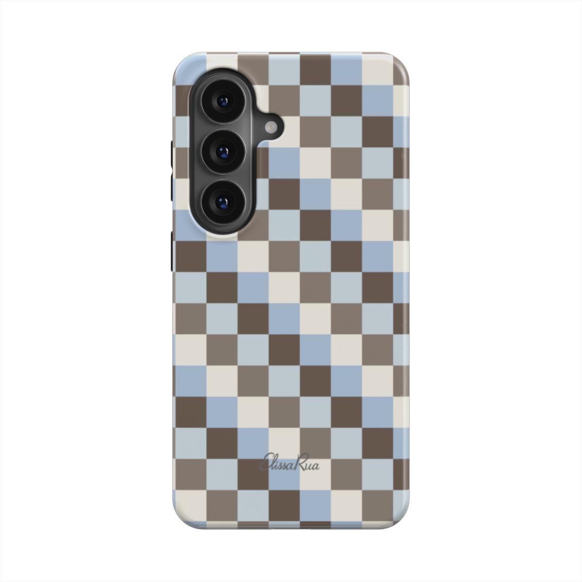 Tough magnetic phone case with blue and brown check pattern