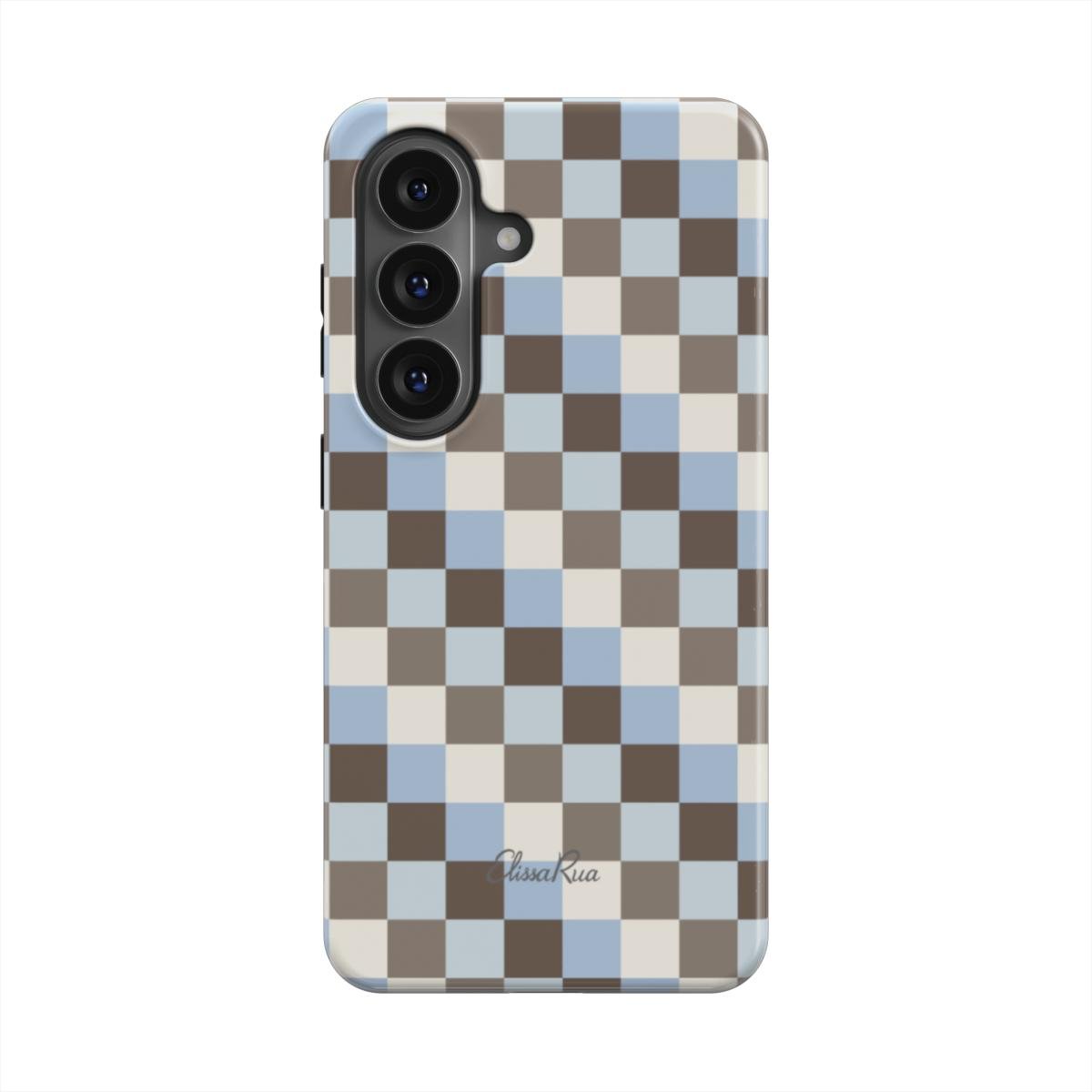 Tough magnetic phone case with blue and brown check pattern